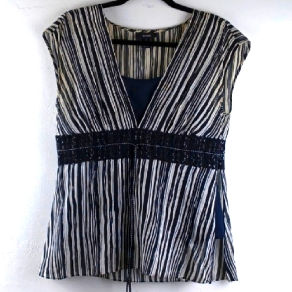 Alfani Black & White Silk & Cotton Guazy Drape Exquistely Striped Blouse Top